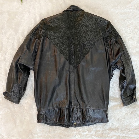 VINTAGE 80s Etched Black Leather Jacket - Picture 6 of 7